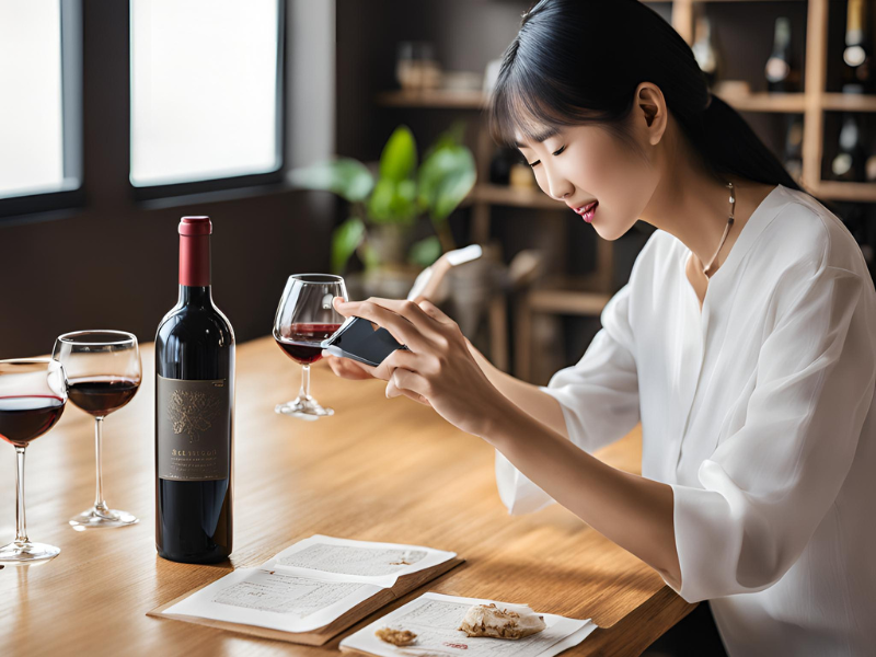 スマートフォンでワインを記録している様子